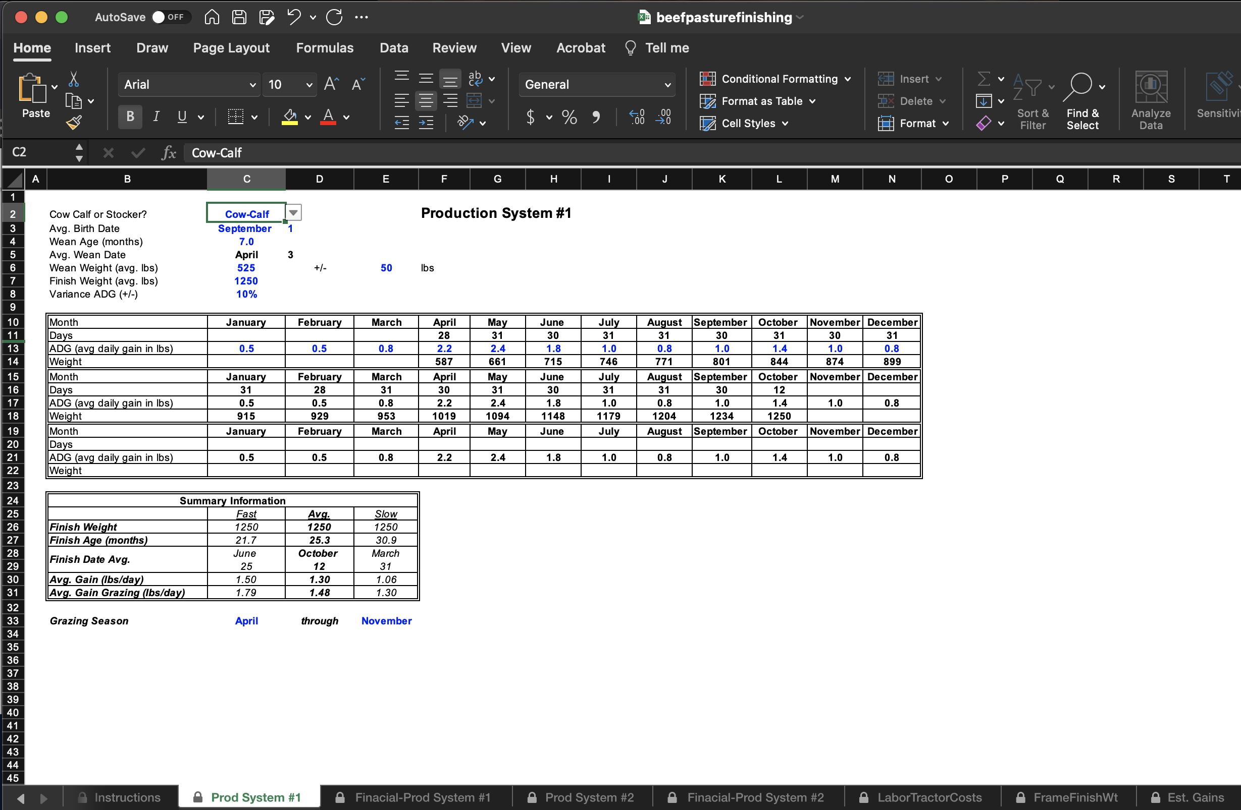 Pasture Finished Beef Spreadsheet